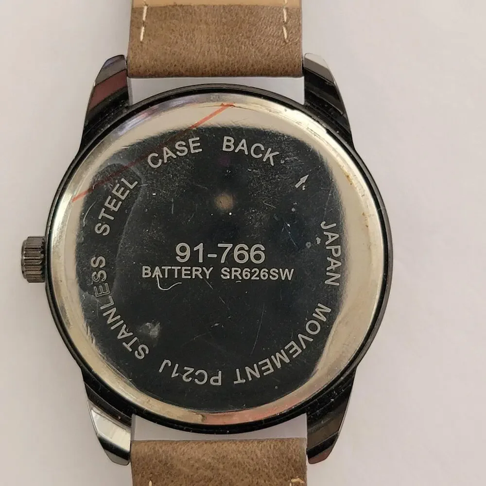 Mens Watch Black Dial 40mm Black Case Brown Faux Leather Strap Quartz Casual